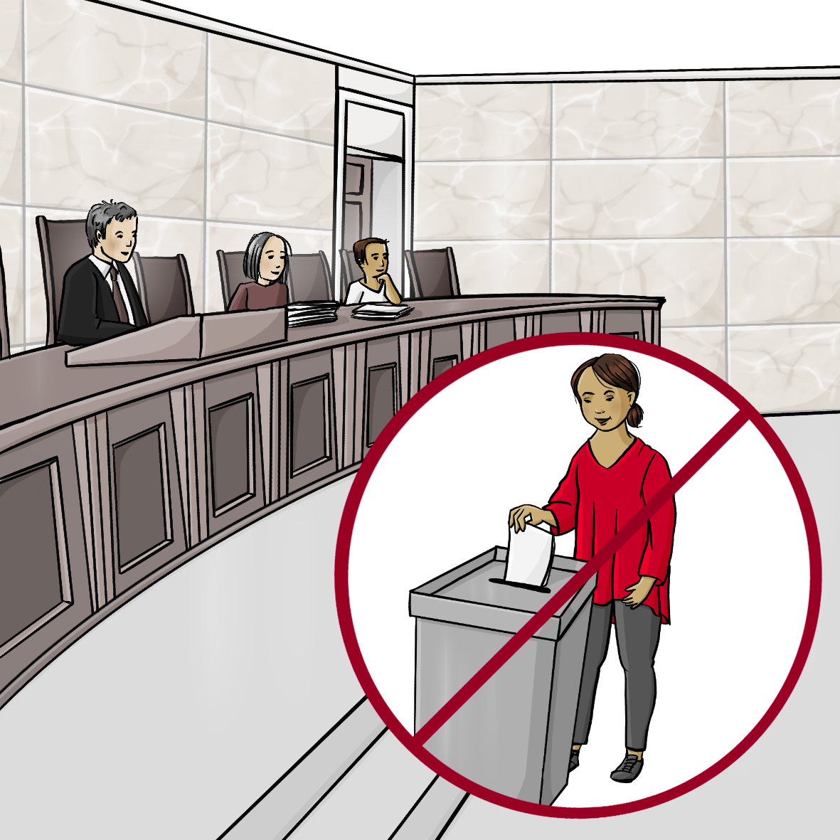 Ein Gerichtssaal mit Richtern und Richterinnen. In der Mitte des Bildes ist ein Kreis mit einem Bild von einer Frau. Die Frau wirft einen Wahlzettel in eine Wahlurne. Das Bild von der Frau ist rot durchgestrichen.