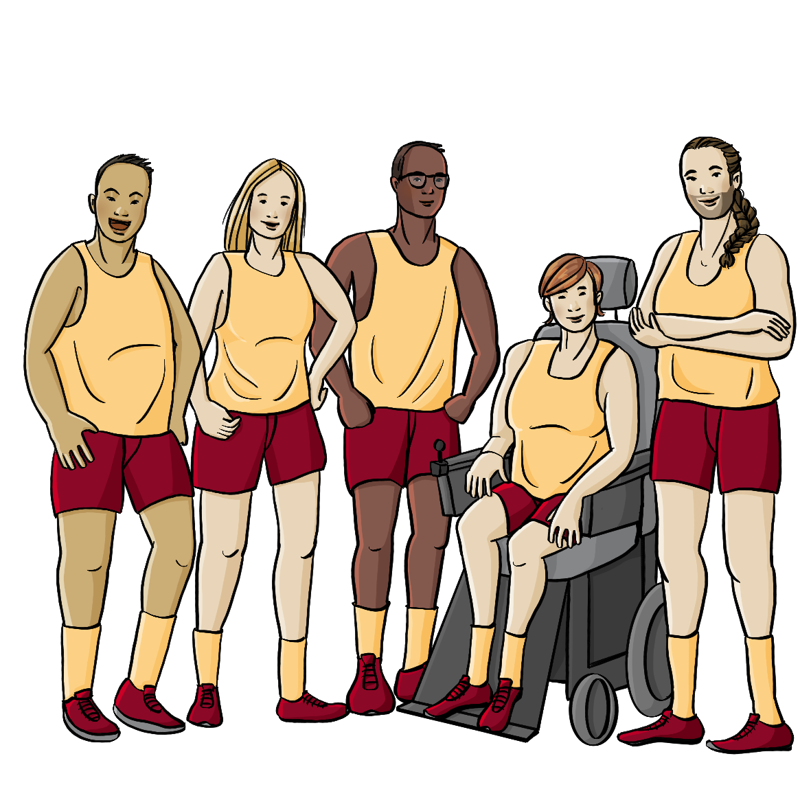 Eine Gruppe verschiedener Menschen mit verschiedenen Merkmalen. Alle tragen Sportkleidung.