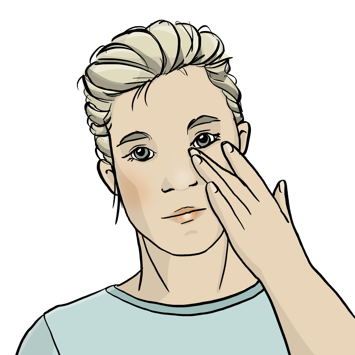 Eine Frau fasst sich mit der Hand ins Gesicht.