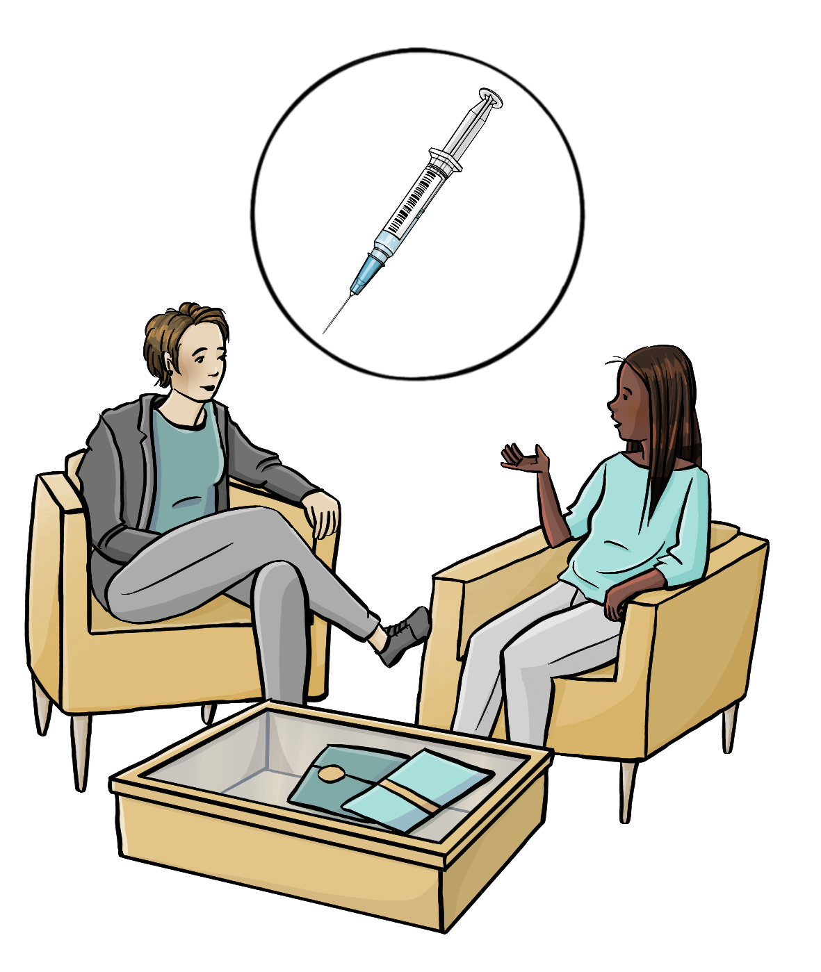 Zwei Frauen sitzen sich in Sesseln gegenüber. Auf einem Tisch zwischen ihnen liegen Info-Hefte. Über dem Bild ist ein Kreis. In dem Kreis ist eine Spritze.