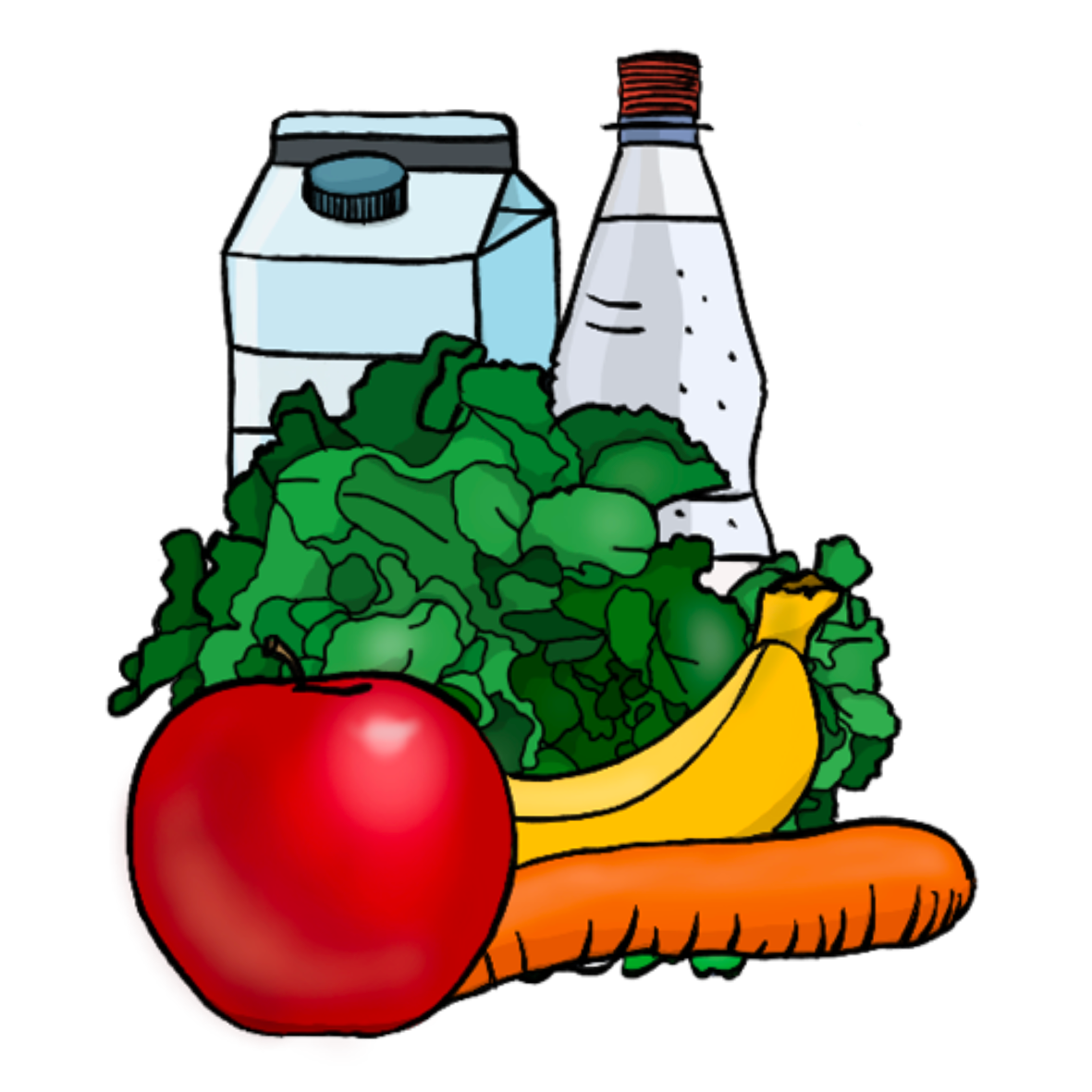 Obst, Gemüse, Milch und eine Flasche Wasser.