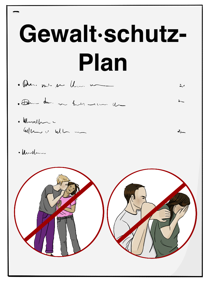 Ein Blatt Papier mit der Aufschrift: Gewalt·schutz-Plan. Unten auf dem Blatt sind zwei Bilder in durchgestrichenen Kreisen. Auf dem Einen Bild versucht ein Mann, eine Frau zu küssen. Die Frau dreht sich weg. Auf dem anderen Bild hält ein Mann eine Frau an der Schulter Fest. Seine Faust ist erhoben.