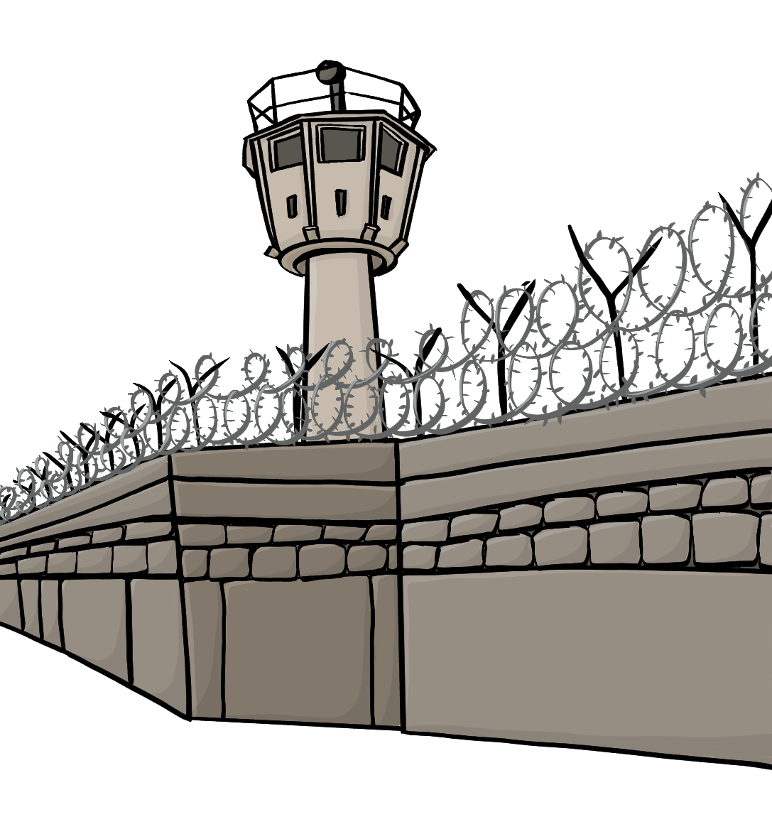 Eine Mauer mit Stacheldraht. Hinter der Mauer steht ein Wachturm.