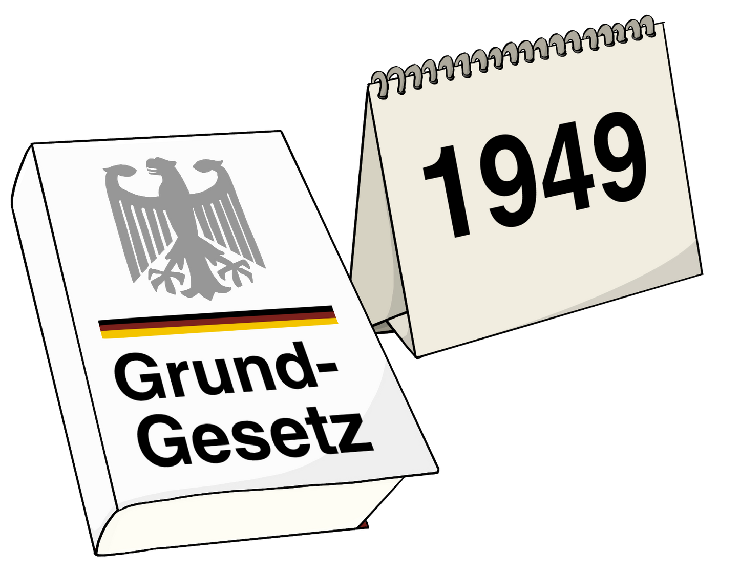 Ein weißes Buch mit einem grauen Adler, einem schwarz-rot-gelben Streifen und der Aufschrift: Grundgesetz. Daneben steht ein Aufstellkalender mit der Aufschrift 1949.
