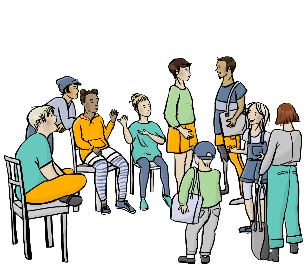 Eine Gruppe Jugendlicher mit verschiedenen Hautfarben sitzen auf Stühlen, eine andere Gruppe kommt dazu. Es sind Jugendliche mit und ohne Behinderung.