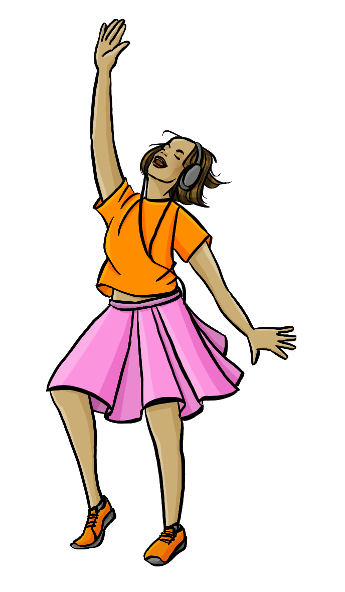 Ein Mädchen mit Kopfhörern. Sie hat die Augen geschlossen und den Mund geöffnet. Sie streckt einen Arm nach oben.