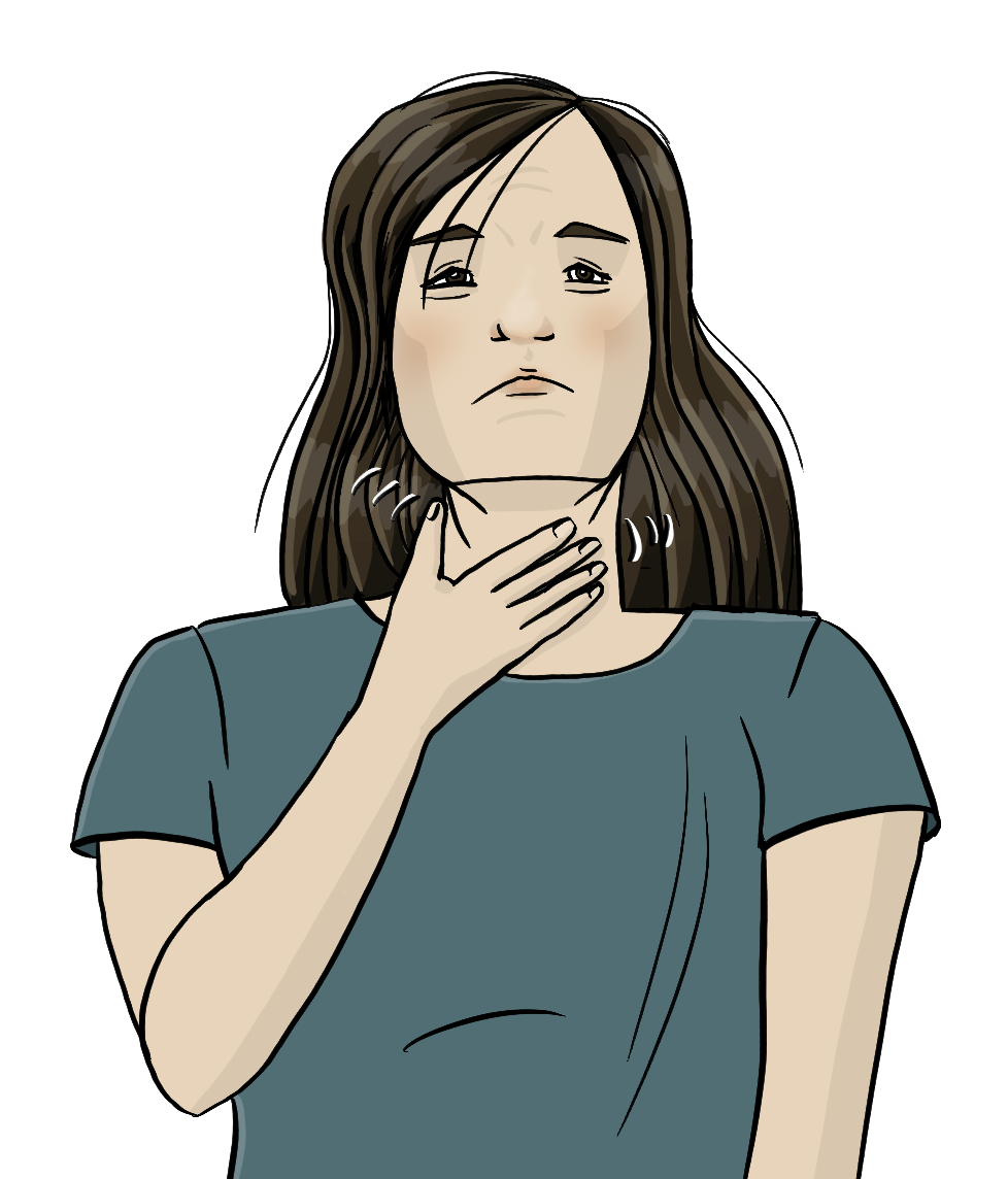 Eine Frau fasst sich mit der Hand vorne an den Hals.