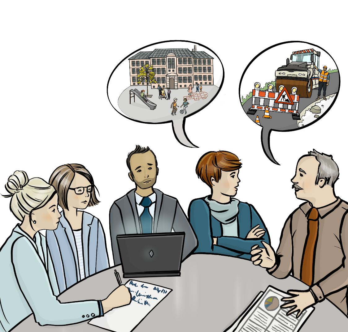 Männer und Frauen sitzen an einem Tisch. Alle sind förmlich gekleidet. Auf dem Tisch sind Papiere und ein Laptop. Über dem Bild sind zwei Sprechblasen. In der einen Sprechblase ist eine Schule. In der anderen Sprechblase ist eine Baustelle.