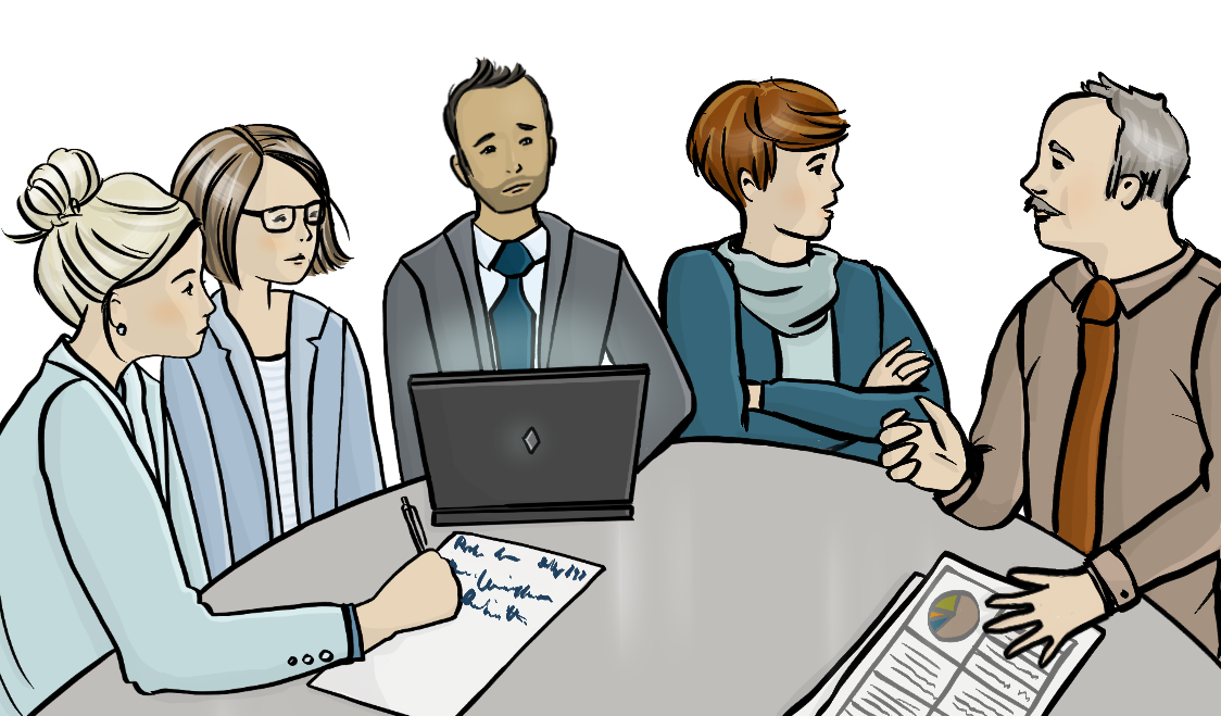 Männer und Frauen sitzen an einem Tisch. Alle sind förmlich gekleidet. Auf dem Tisch sind Papiere und ein Laptop.