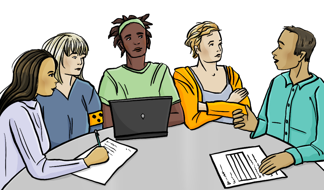 Junge Männer und Frauen sitzen an einem Tisch. Auf dem Tisch sind Papiere und ein Laptop.