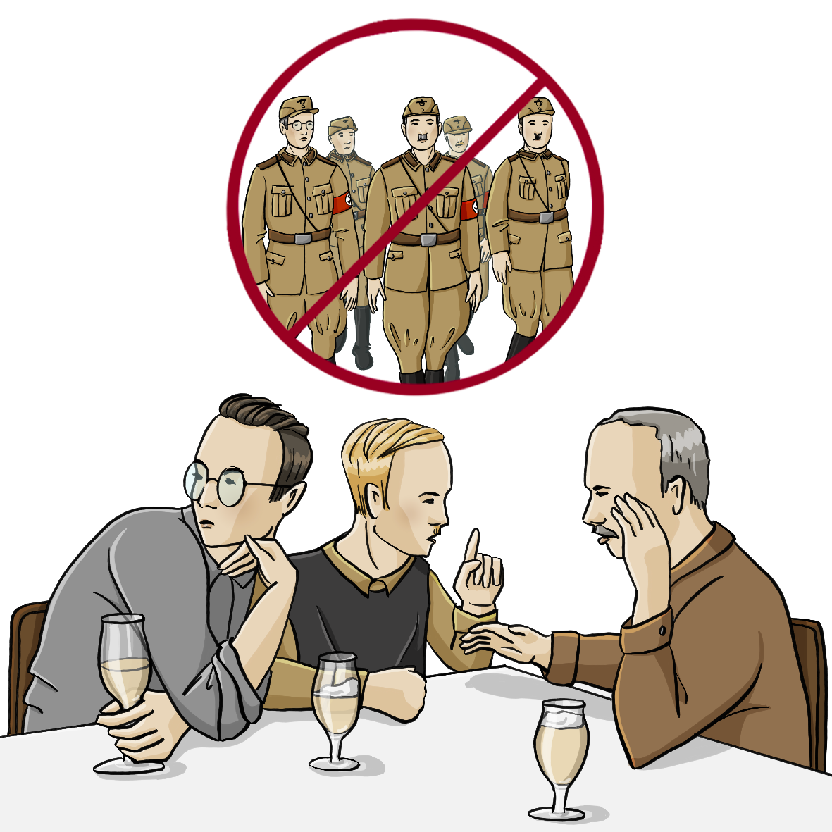 Drei Männer sitzen an einem Tisch, die Köpfe zusammengesteckt. Auf dem Tisch stehen Biergläser. Über ihnen ist eine durchgestrichene Denkblase. In der Denkblase sind Männer in Uniform der Nationalsozialisten.
