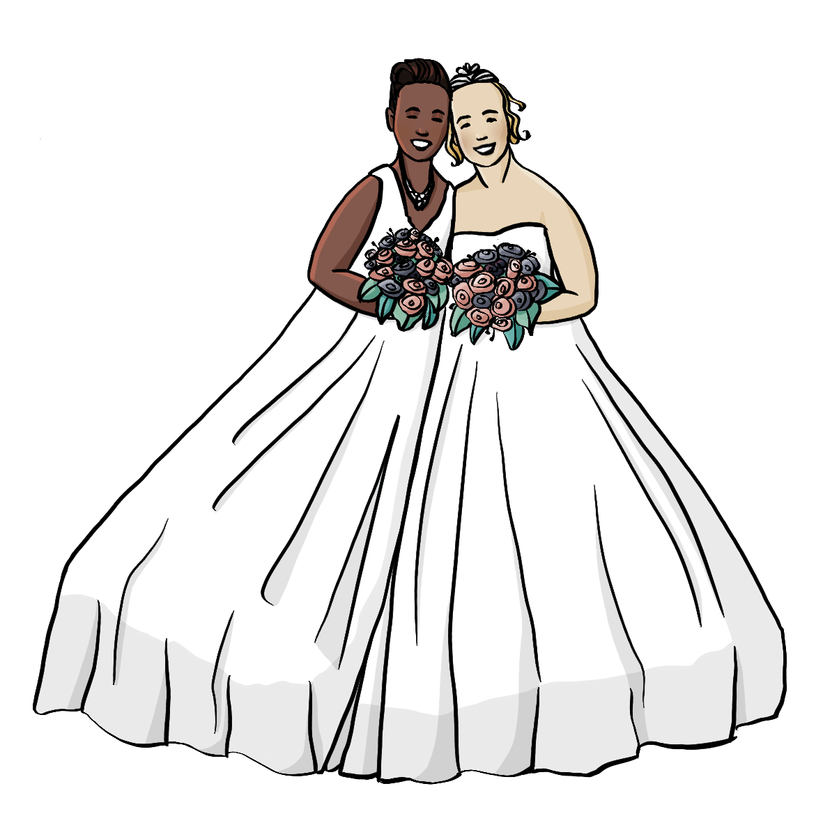 Zwei Frauen in Brautkleidern halten sich im Arm. Beide haben einen Brautstrauß in der Hand.