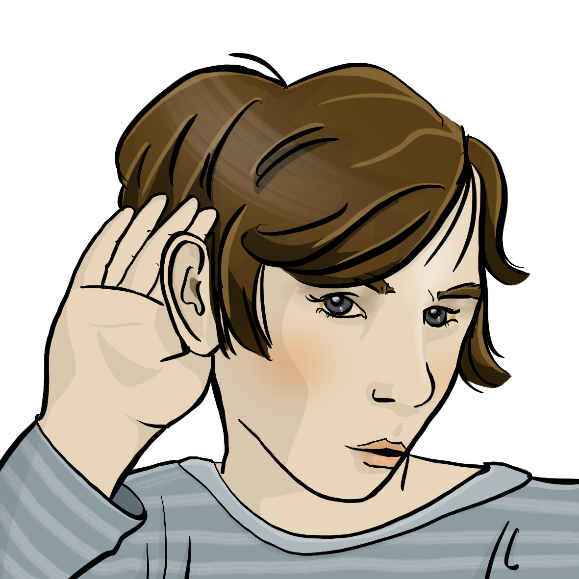 Eine Frau hält sich die Hand hinters Ohr.