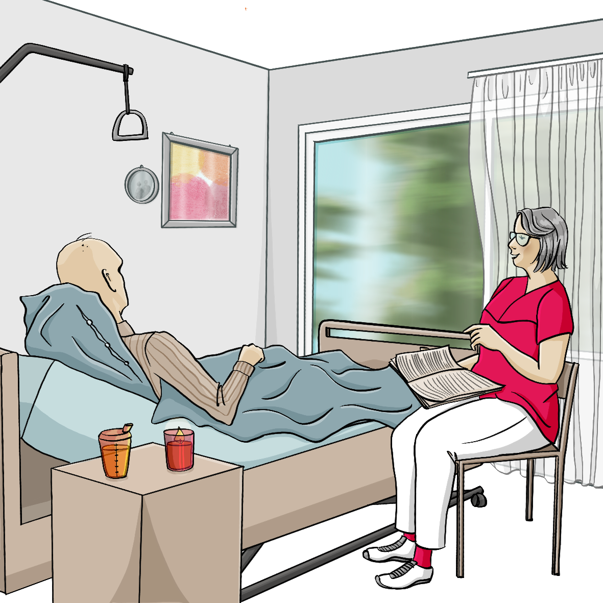 Ein alter Mann liegt in einem Pflegebett und schaut durch ein großes Fenster ins Grüne. Neben dem Bett sitzt eine Frau in Pflegekleidung auf einem Stuhl. Sie hält ein Buch in der Hand.