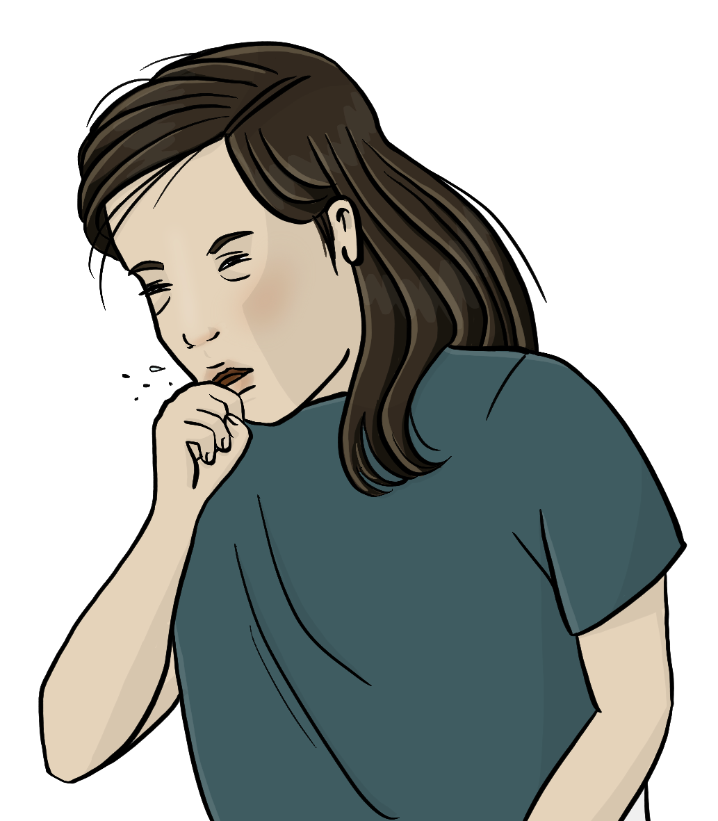 Eine Frau hält sich die Faust an den Mund. Sie hat die Augen zugekniffen und steht etwas vorgebeugt.