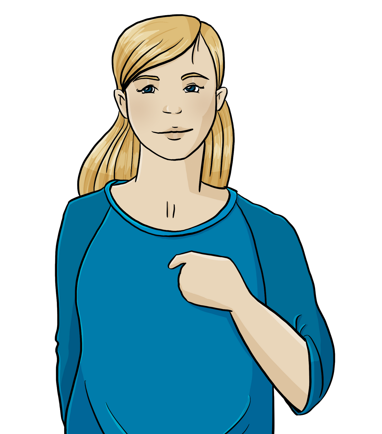 Eine Frau zeigt mit dem Finger auf sich selbst.