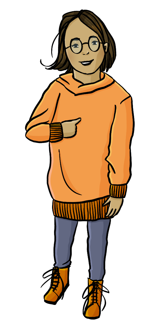 Ein Mädchen zeigt mit dem Finger auf sich selbst.