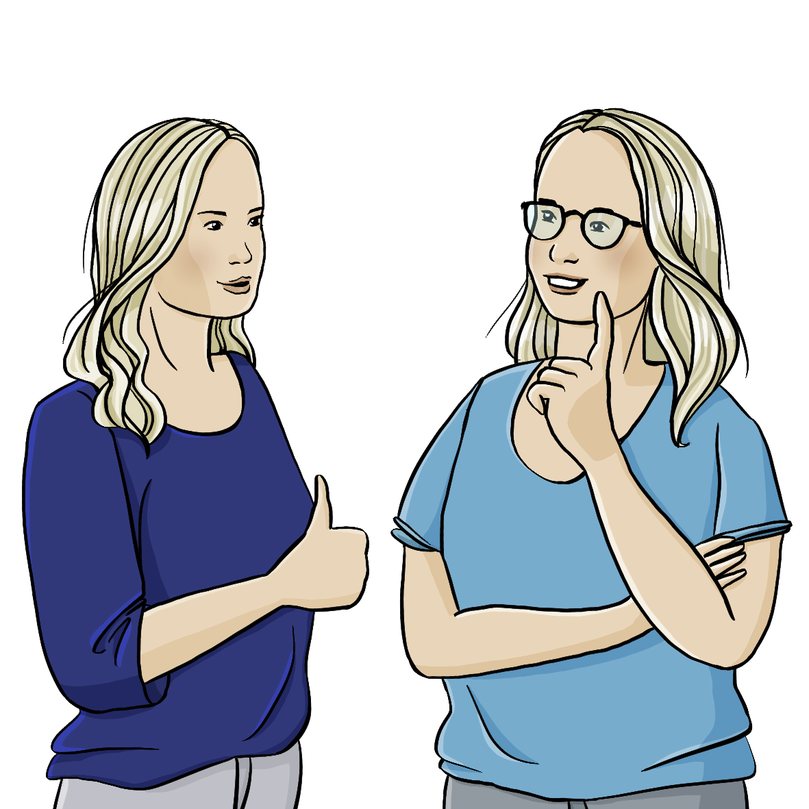 Zwei Frauen. Die eine Frau streckt den Daumen nach oben, die andere hat den Zeigefinger an die Wange gelegt.