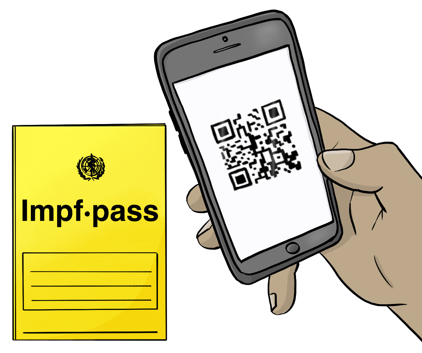 Ein kleines gelbes Heft mit der Aufschrift: Impf·pass. Eine Hand hält ein Smartphone vor das Heft. Auf dem Bildschirm ist ein QR-Code.