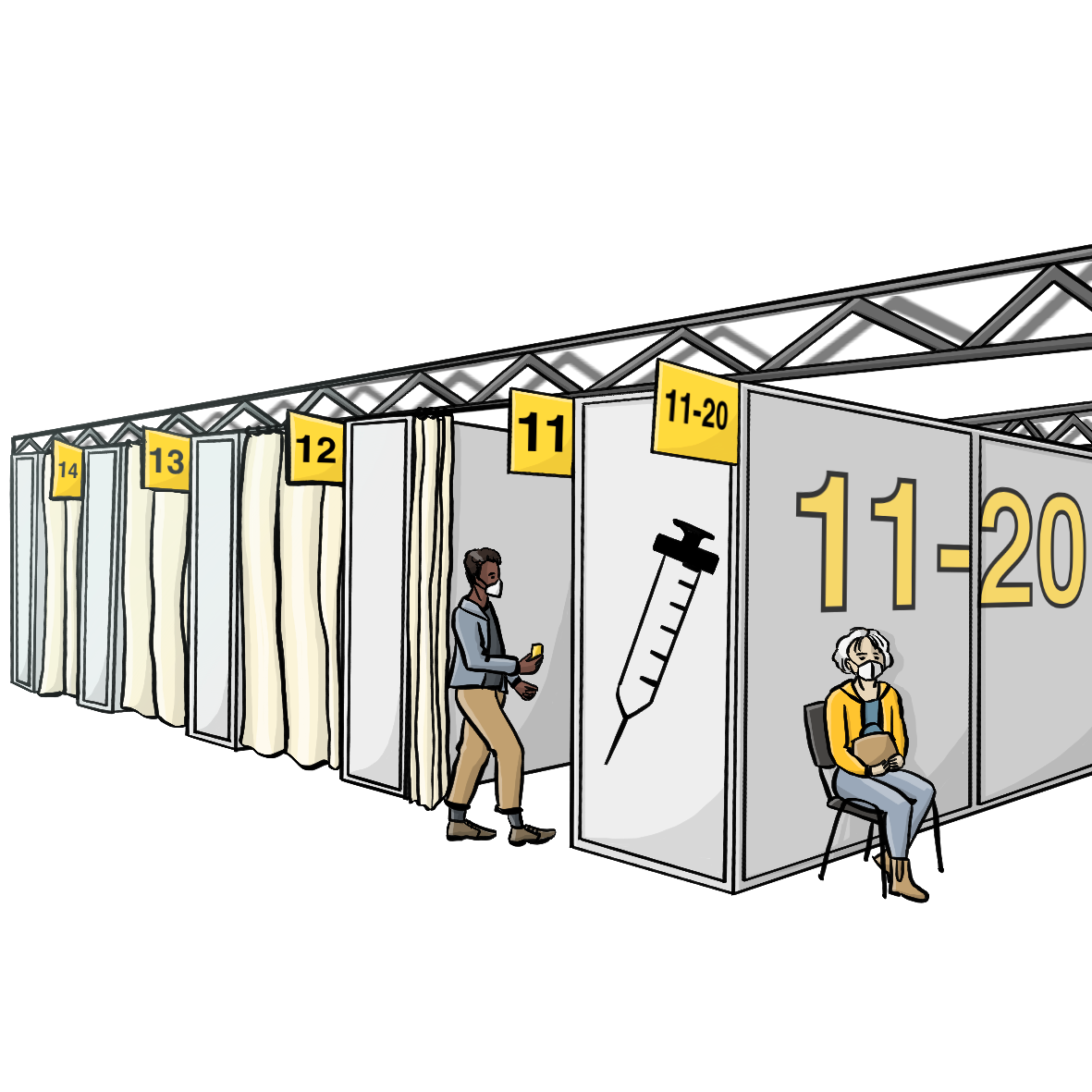 Mehrere Kabinen mit Nummern und Vorhängen. Auf einer Kabine ist das Bild von einer großen Spritze. Ein Mann geht in eine Kabine hinein. Eine Frau wartet auf einem Stuhl.