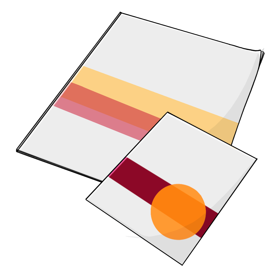 Zwei Hefte mit bunten grafischen Elementen.