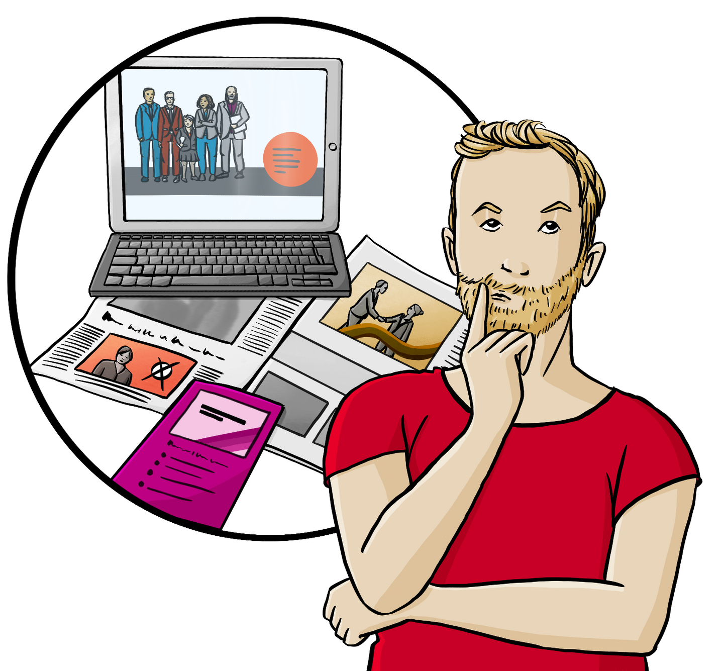 Ein Mann hat nachdenklich den Finger an den Mund gelegt. Neben dem Mann ist ein Kreis. Im Kreis sind ein Computer, Zeitungen und Flyer mit Fotos von Politikern.