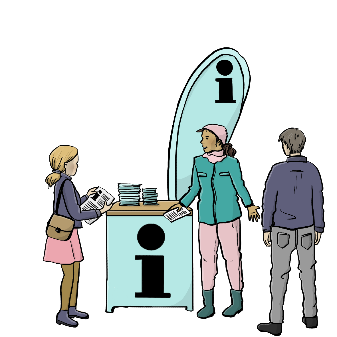 Eine Frau steht neben einem Infostand mit einem Stapel Flyer. Daneben steht ein Aufsteller. Auf dem Stand und auf dem Aufsteller ist ein Infozeichen. Eine andere Frau und ein Mann stehen vor dem Stand. Die Frau hat einen Flyer in der Hand.