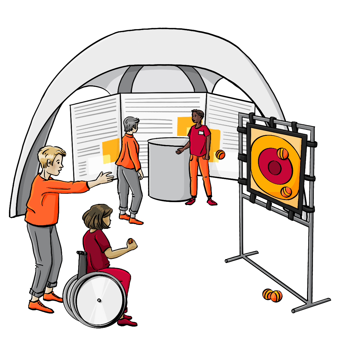 Zwei Kinder werfen mit Bällen auf eine Zielscheibe. Im Hintergrund stehen Menschen neben großen Infotafeln. Über sie gespannt ist ein halb-offenes Zelt.
