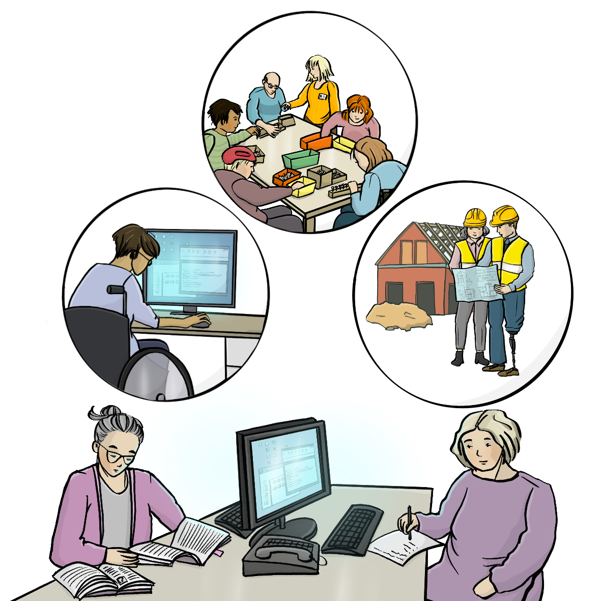 Zwei Frauen sitzen sich an Computern gegenüber. Über dem Bild sind drei Kreise. Im ersten Kreis sitzt eine Frau im Rollstuhl am Computer. Im zweiten Kreis arbeiten Menschen mit Behinderungen an einem Arbeitsplatz in der Werkstatt. Im dritten Kreis steht ein Bauingenieur mit Beinprothese mit einer Kollegin auf einer Baustelle.