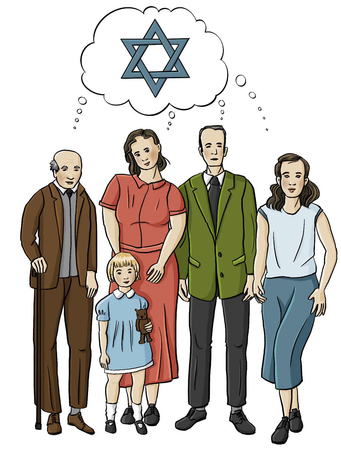 Männer und Frauen in Kleidung der dreißiger Jahre. Über ihnen ist eine Denkblase mit einem Davidstern.