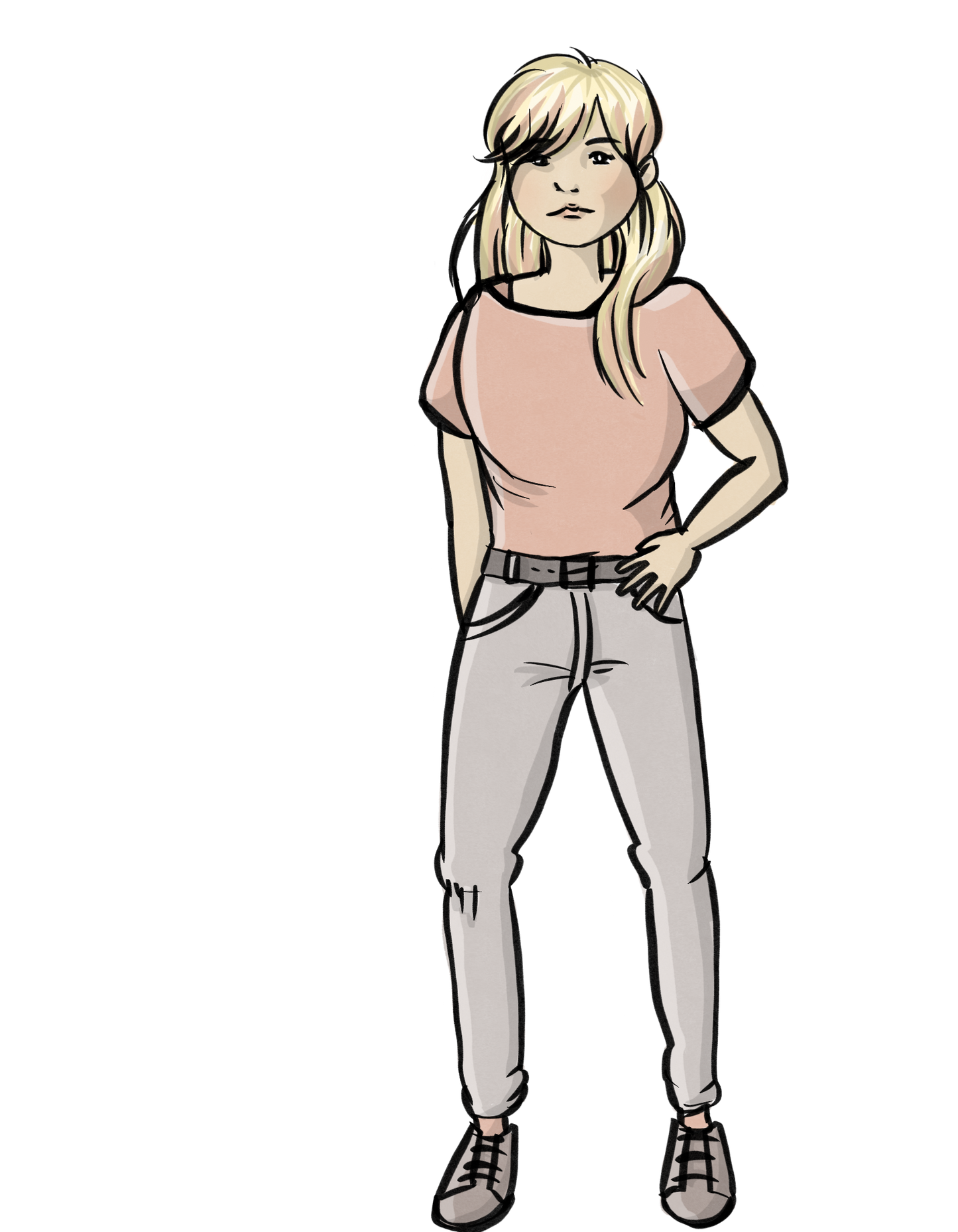 Ein jugendliches Mädchen mit langen blonden Haaren. Sie trägt eine Hose und ein T-Shirt.