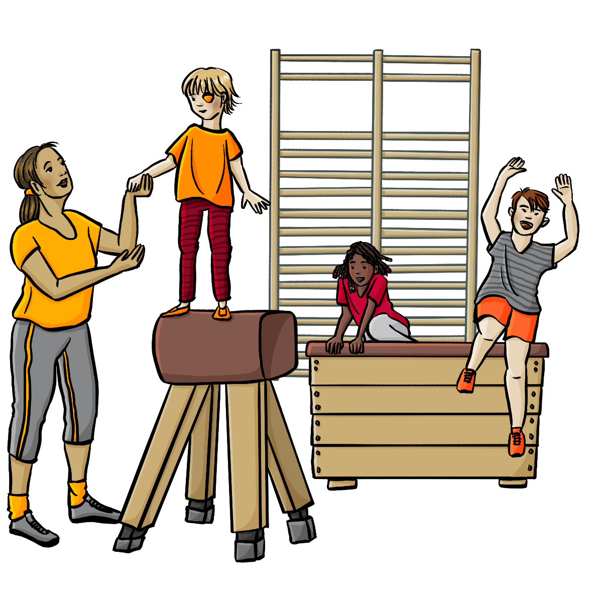 Zwei Kinder klettern über einen Kasten, ein Mädchen steht auf einem Bock. Eine Frau hält das Mädchen an der Wand. Im Hintergrund ist eine Sprossenwand.