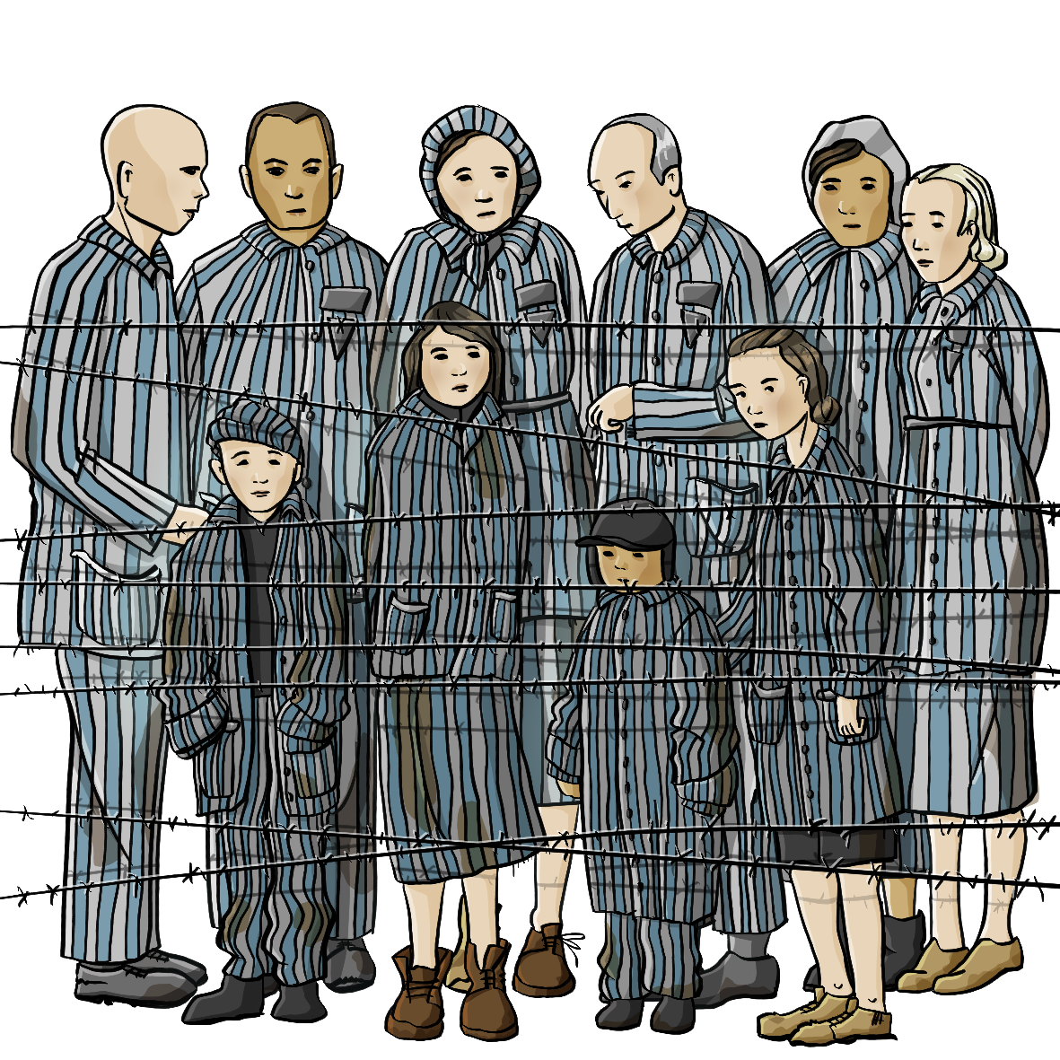 Eine Gruppe Frauen, Männer und Kinder in blau gestreifter Kleidung steht hinter einem Stacheldrahtzaun.