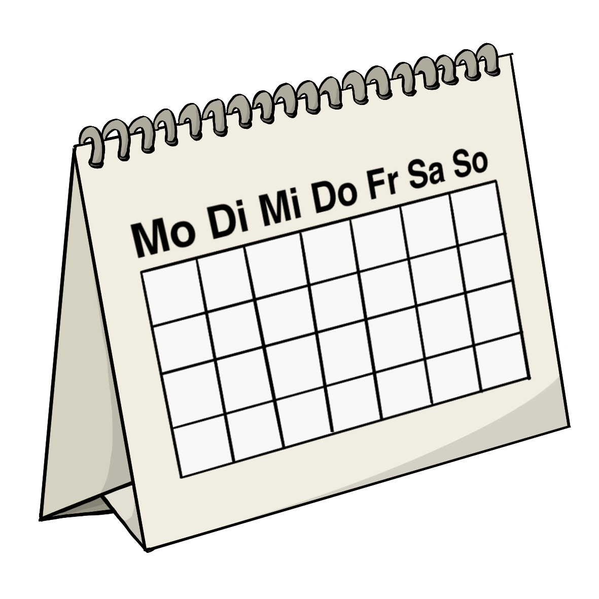 Ein Aufstell-Kalender mit der Aufschrift: Mo, Di, Mi, Do, Fr, Sa, So. Darunter sind leere Kästchen.