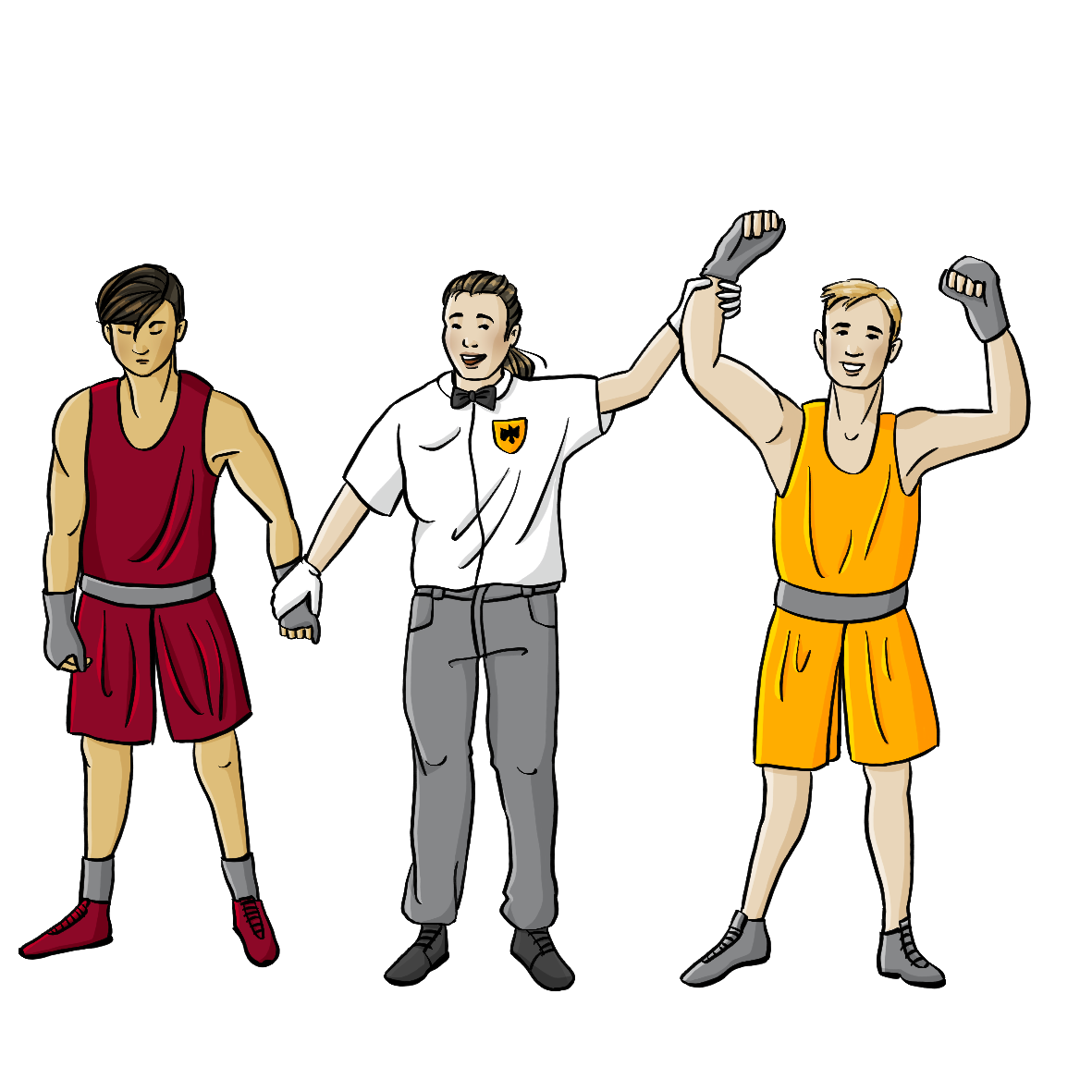 Eine Frau in weißem Hemd und schwarzer Hose steht zwischen zwei Männern in Sportkleidung und hält sie an den Handgelenken. Der linke Mann hat den Kopf gesenkt und schaut traurig. Der rechte Mann schaut fröhlich und streckt die Arme nach oben.