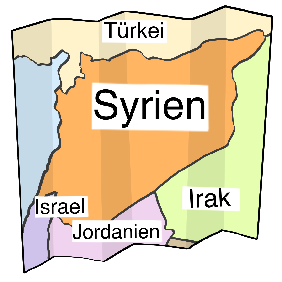 Eine Karte von Syrien und seinen Nachbarländern. Die Länder haben die Aufschrift: Syrien, Türkei, Irak, Jordanien, Israel.