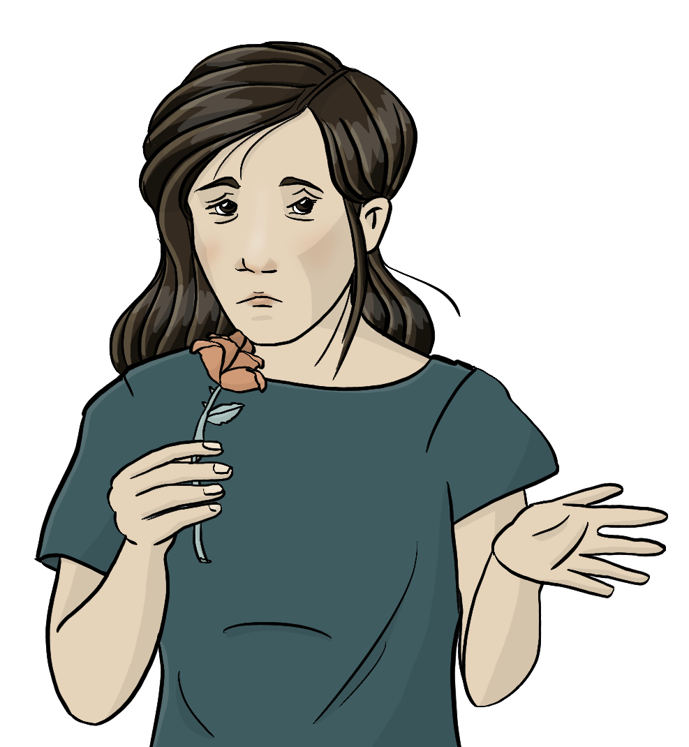 Eine Frau hält sich eine Rose vor die Nase und hebt fragend die Hand.