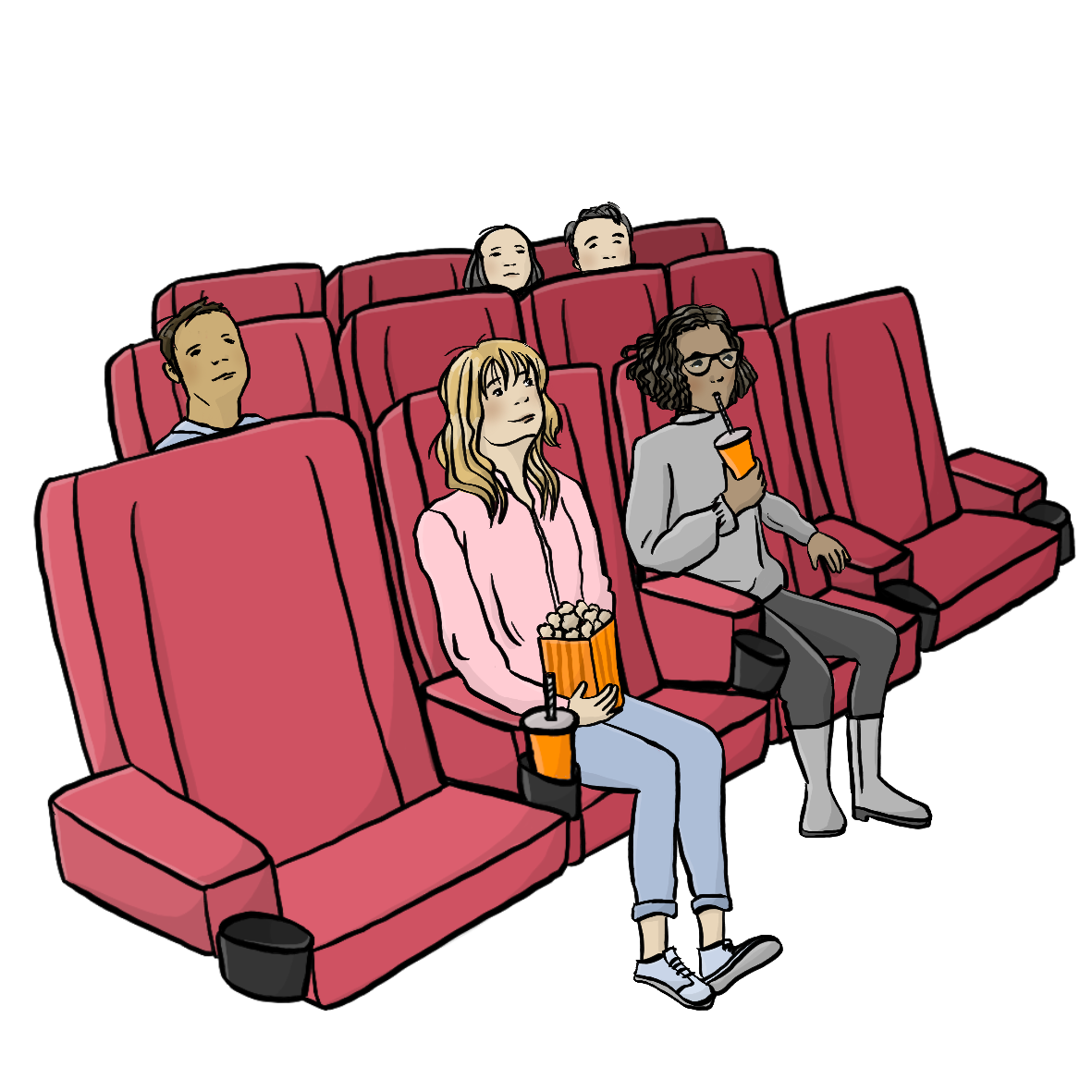 Menschen sitzen auf roten Kino-Sesseln. In der ersten Reihe sitzen zwei Frauen mit Popcorn und Getränken.