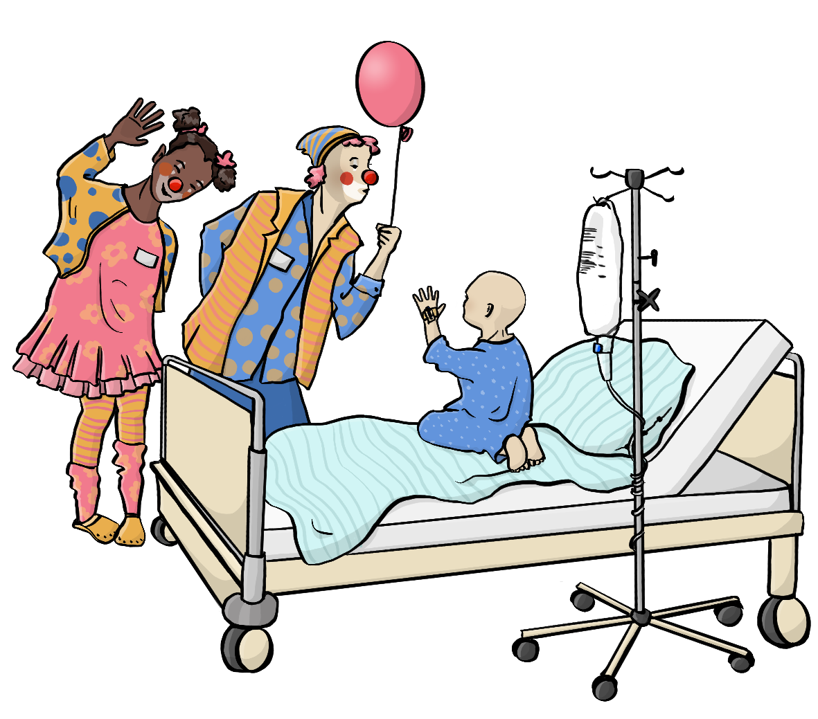 Ein Kleinkind ohne Haare kniet auf einem Krankenhausbett. Neben dem Bett stehen zwei Clowns. Der eine Clown gibt dem Kind einen Luftballon.