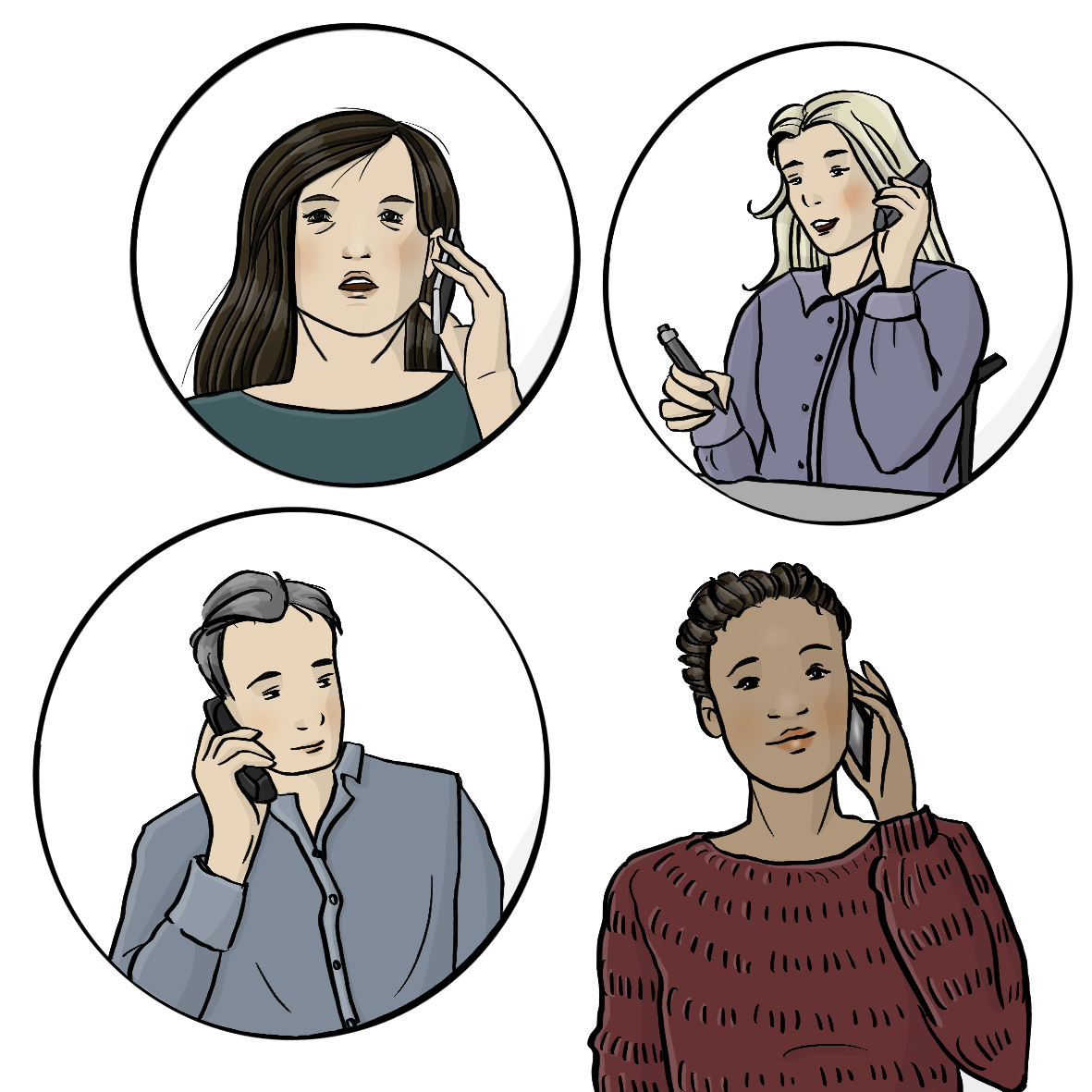 Eine Frau spricht in ein Handy. Um sie herum sind 3 Kreise. In den Kreisen sind weitere telefonierende Menschen.