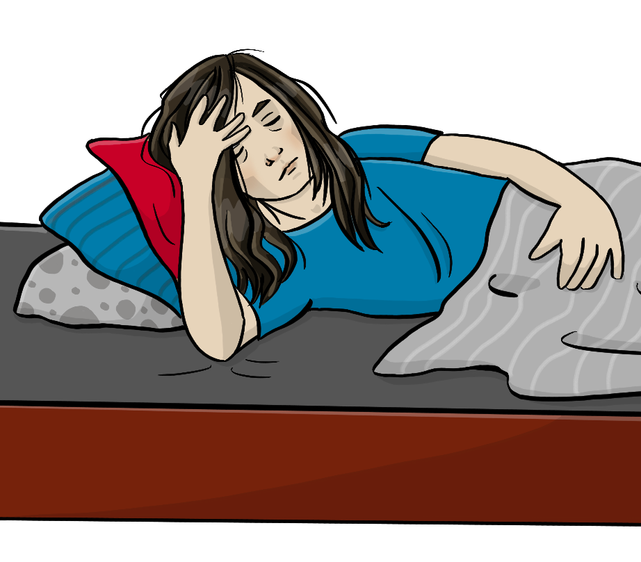 Eine Frau liegt im Bett und fasst sich an die Stirn. Sie hat die Augen geschlossen.