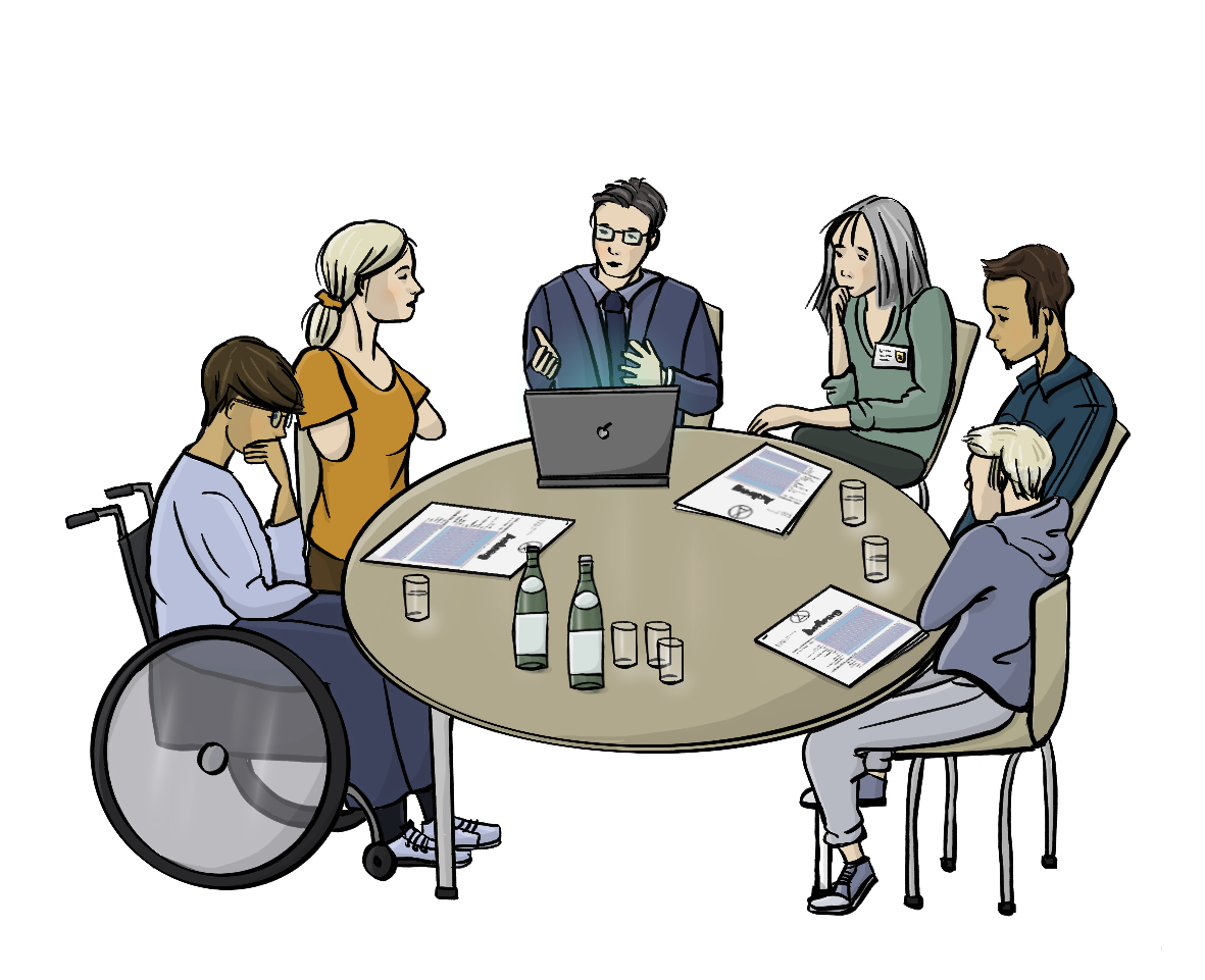 Menschen mit verschiedenen Hautfarben sitzen an einem Tisch und malen. Es sind Menschen mit und ohne Behinderung. Auf dem Tisch sind Laptops, Papiere und Getränke.