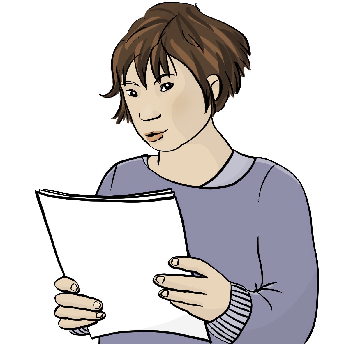 Eine Frau mit Downsyndrom hält einen Stapel Blätter in der Hand.