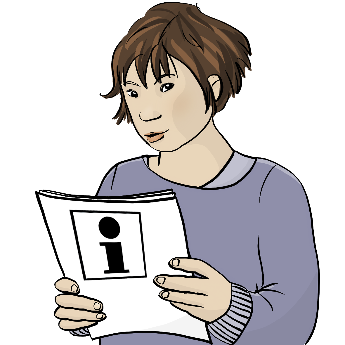 Eine Frau mit Downsyndrom hält einen Stapel Blätter in der Hand. Auf den Blättern ist das ein kleines, fettgedrucktes i in einem schwarzen Kasten.