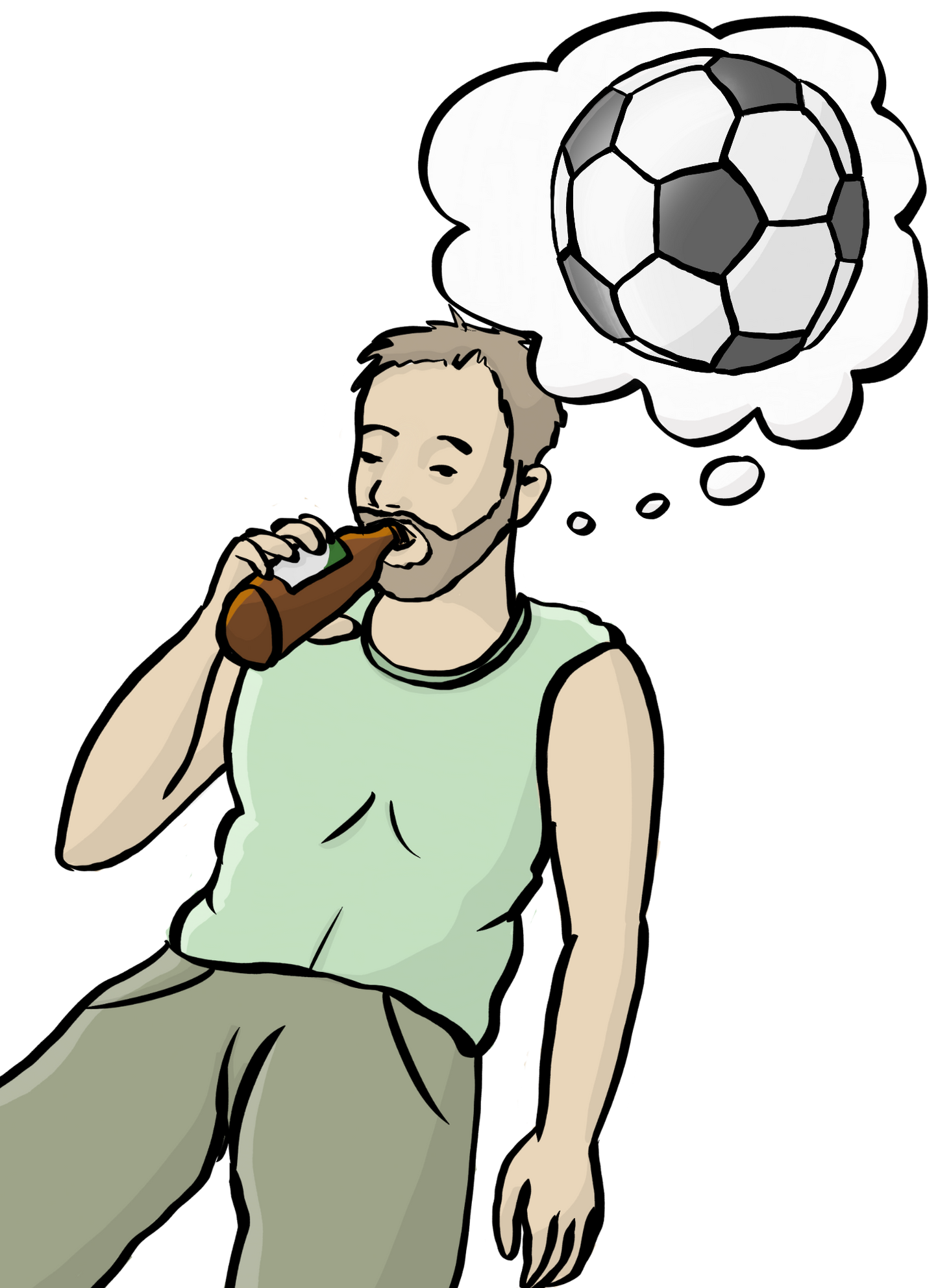 Ein Mann trinkt aus einer Flasche. Über ihm ist eine Denkblase mit einem Fußball.