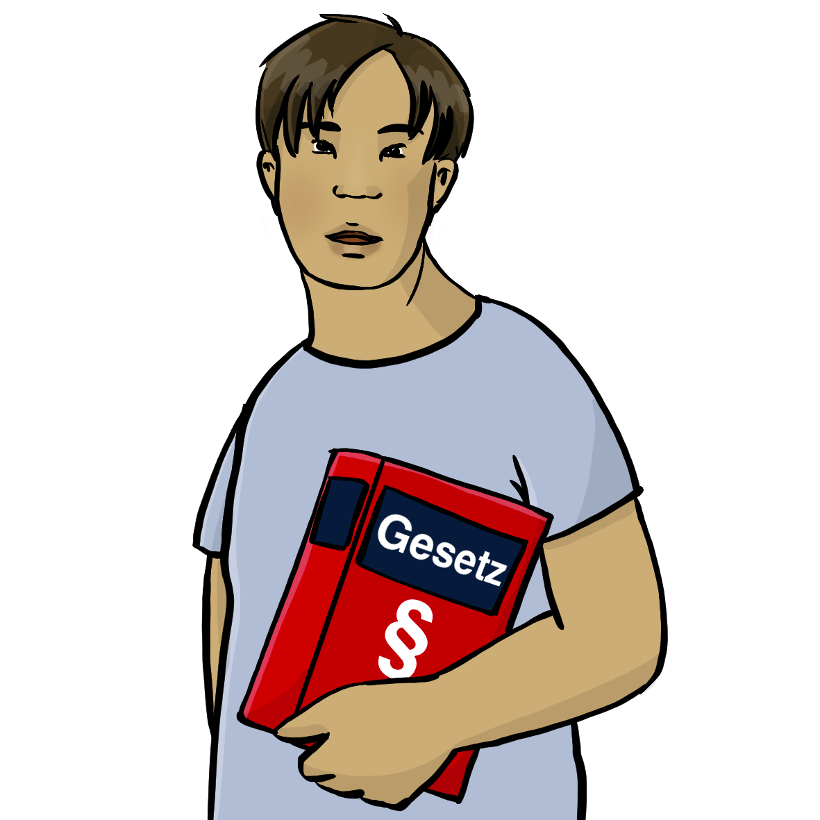 Ein Mann mit Downsyndrom hält ein rotes Buch mit einem blauen Streifen unter dem Arm. Auf dem Buch steht: Gesetz. Auf dem Buch ist das Paragrafen-Zeichen.