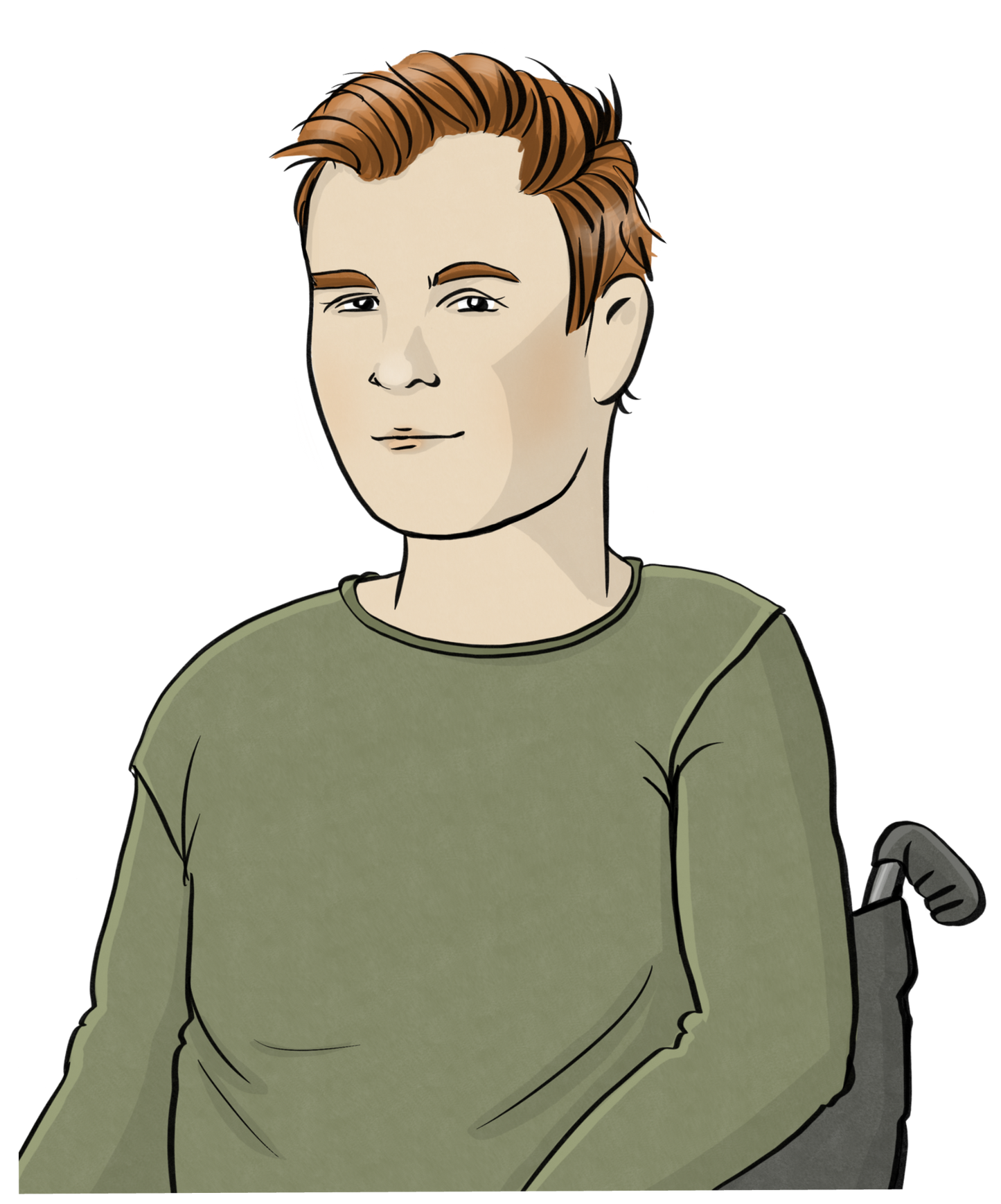 Ein Mann im Rollstuhl. Nur der Oberkörper und ein Teil vom Rückenteil des Rollstuhls sind abgebildet.