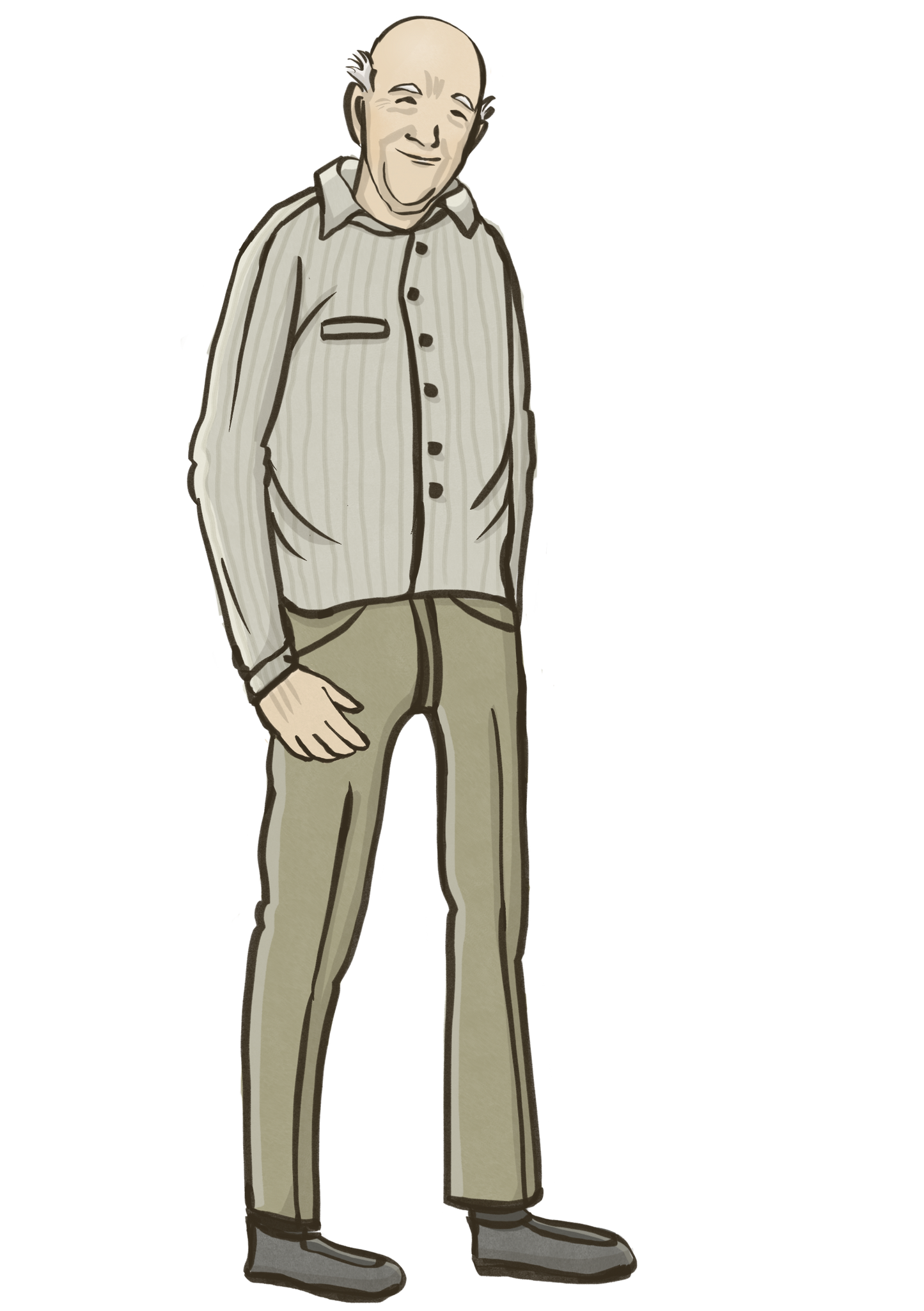 Ein älterer, fast haarloser Mann. Er trägt ein Hemd und eine hellbraune Hose.