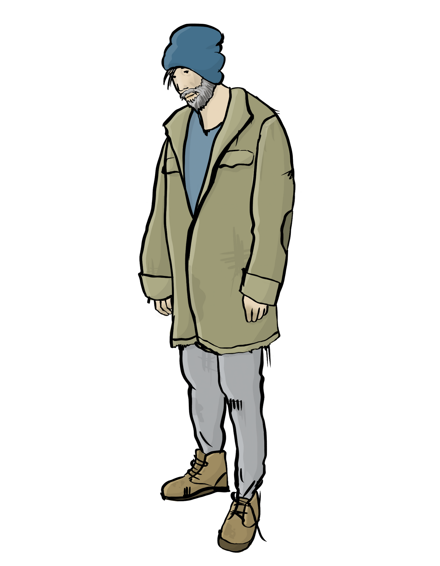 Ein Mann mit Wollmütze. Er trägt einen zu großen Parka, Eine Hose mit Löchern und kaputte Schuhe.