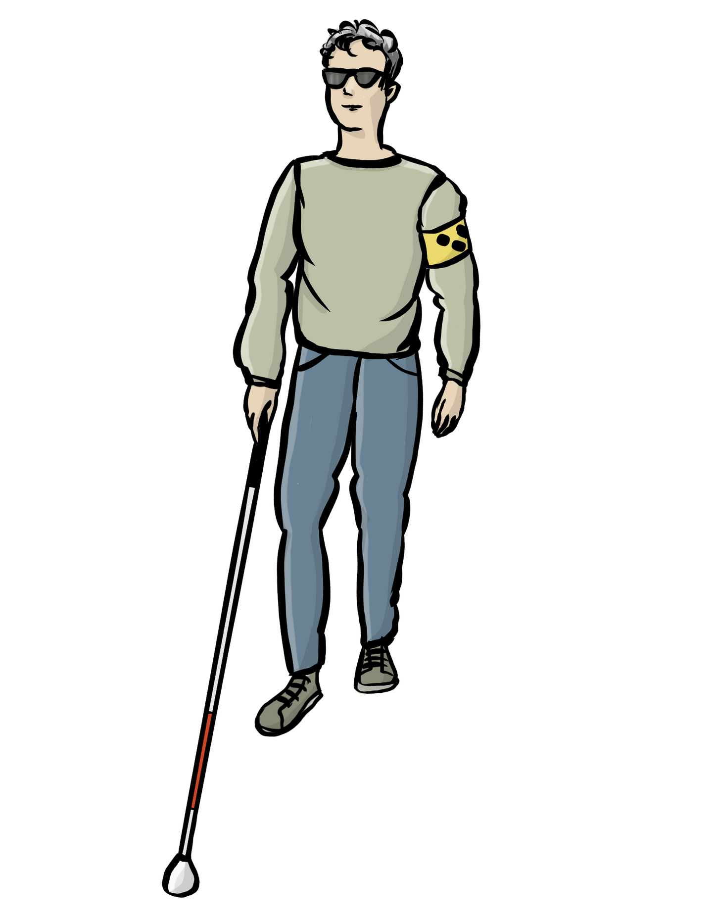 Ein Mann mit Sonnenbrille und einem Blindenstock. Am Arm trägt er eine Blindenbrille.